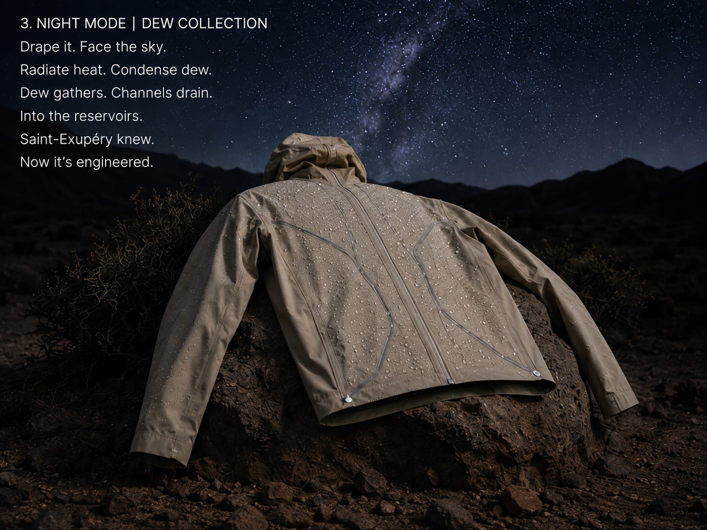 Night mode: the Dew Jacket draped over a rock under the Milky Way, back panel to the sky, beading with dew