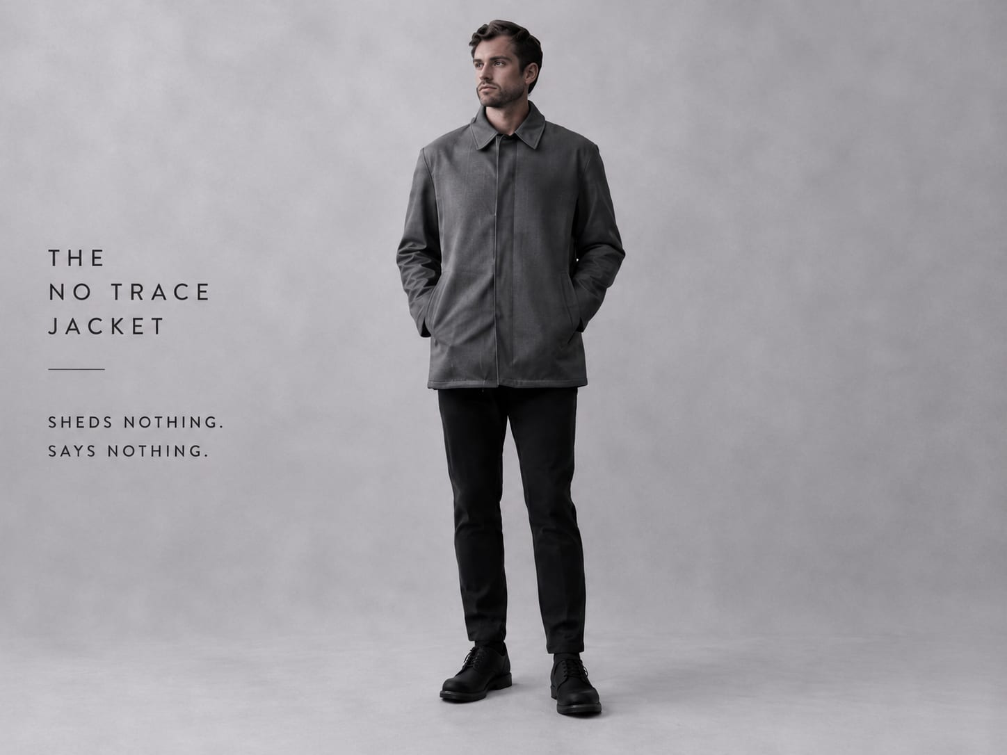 The No Trace Jacket worn closed against a pale grey studio: one uninterrupted grey plane. Sheds nothing, says nothing