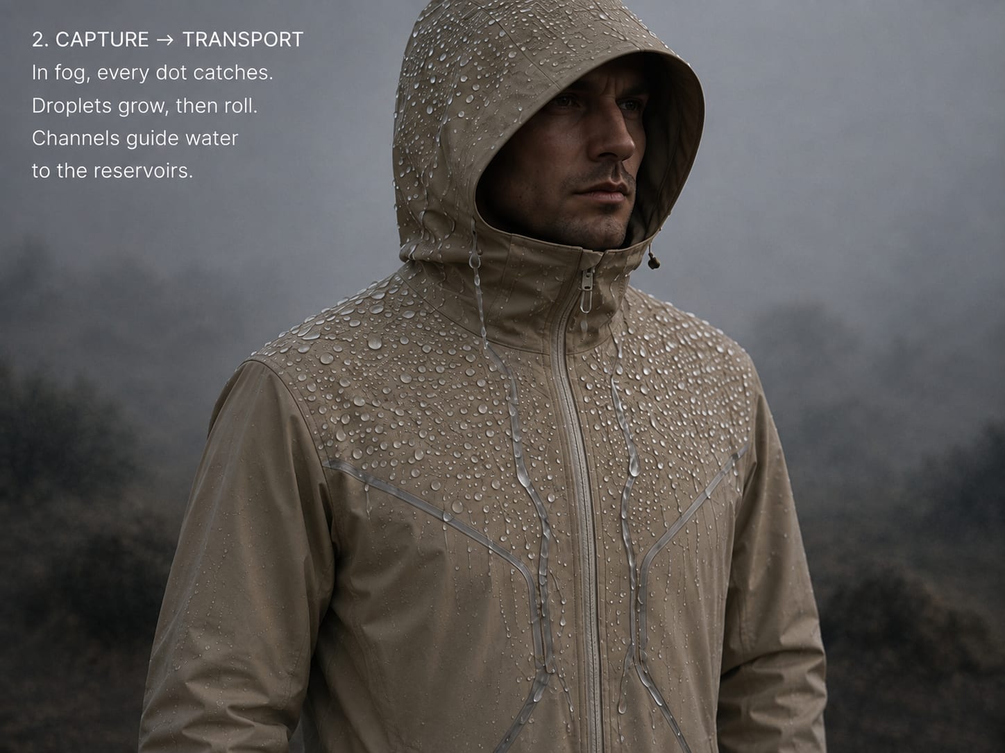In fog with the hood up: every dot catches, droplets grow and roll, channels guide water to the reservoirs