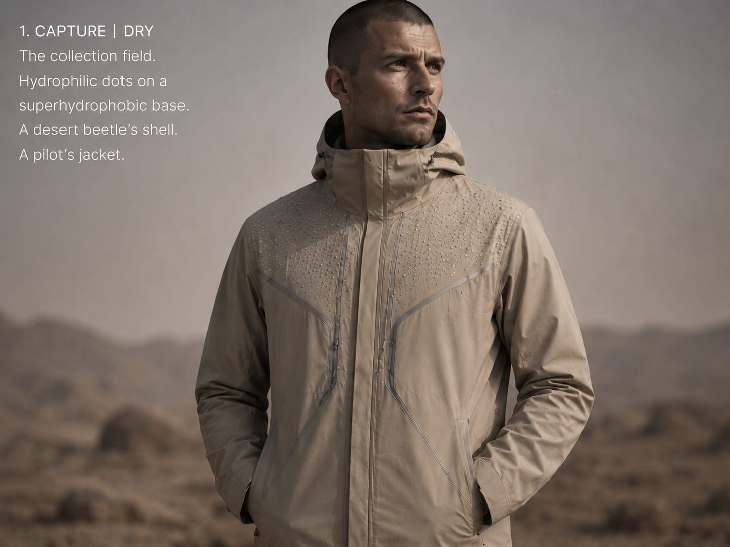 The collection field bone dry in the desert: hydrophilic dots on a superhydrophobic base, a desert beetle's shell on a pilot's jacket