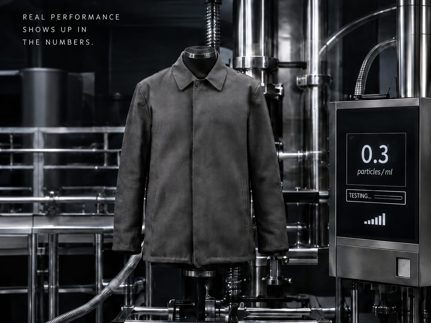 The jacket on a stand in a laboratory rig, particle counter reading 0.3 particles per milliliter