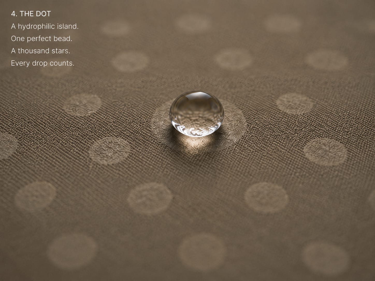 Extreme macro: one perfect water bead organizing itself on a hydrophilic island in the matte weave