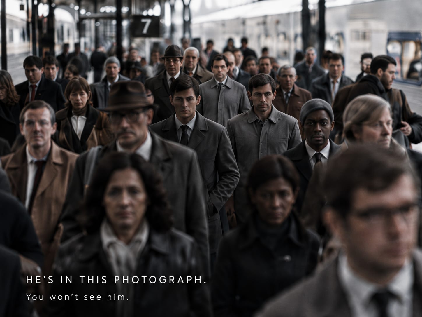 A crowded 1970s commuter platform in grey daylight. He's in this photograph. You won't see him