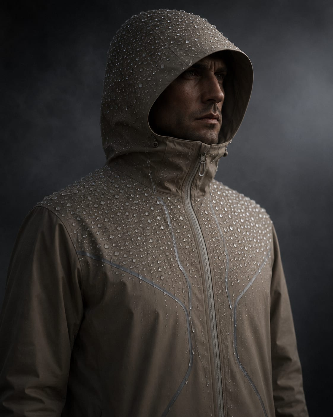The Dew Jacket close up, hood up in dark studio fog, the collection field beaded with water and channels running