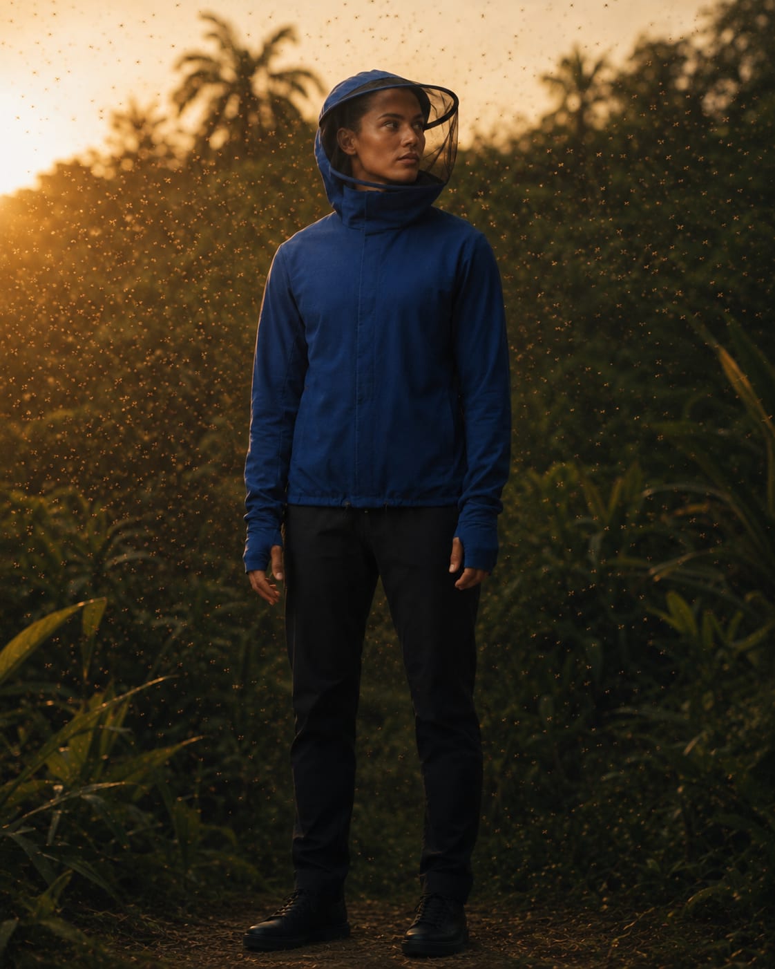 A woman stands calm at dusk in the full deployed Mosquito Jacket while a backlit swarm hangs in the air around her