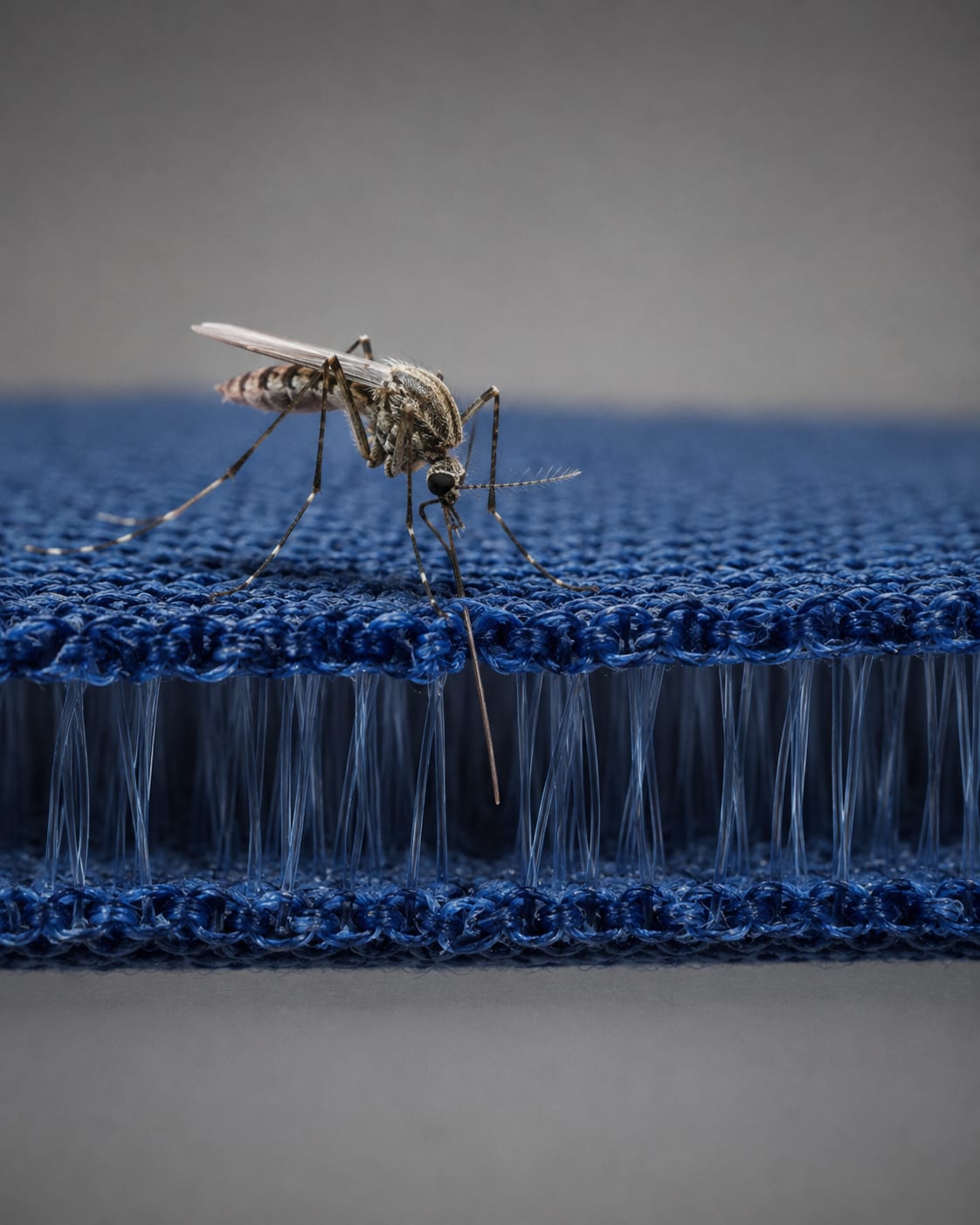 Macro of a mosquito on the spacer knit, its proboscis reaching into the gap and hanging short of the far side