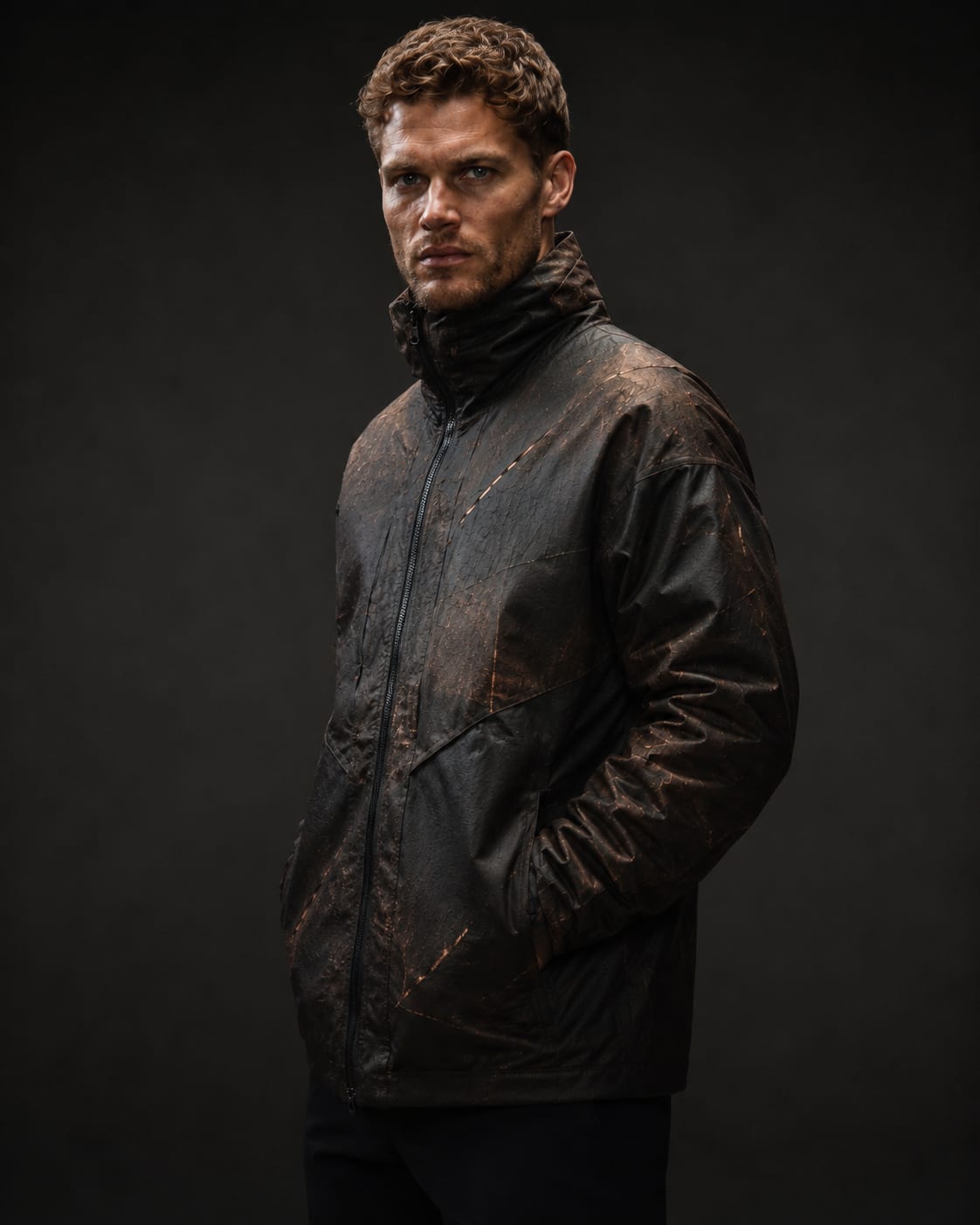 The Ötzi Jacket worn, dark shell veined with copper healing scars
