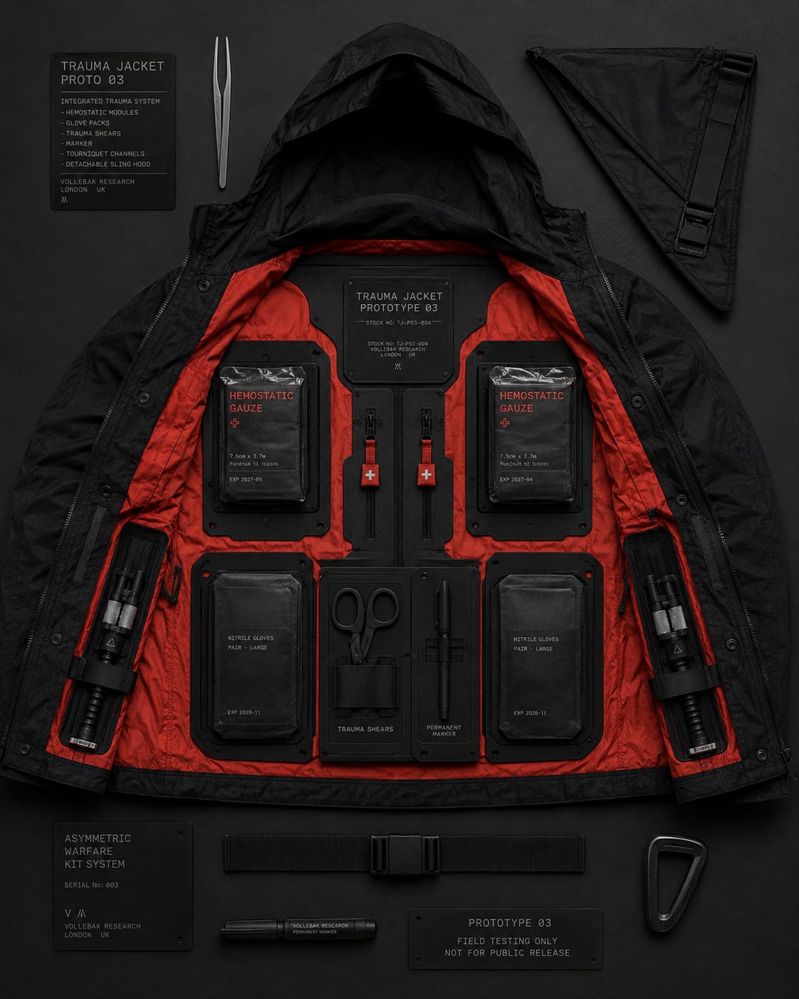 The Trauma Jacket laid flat and open: symmetrical medical module docks on a red interior
